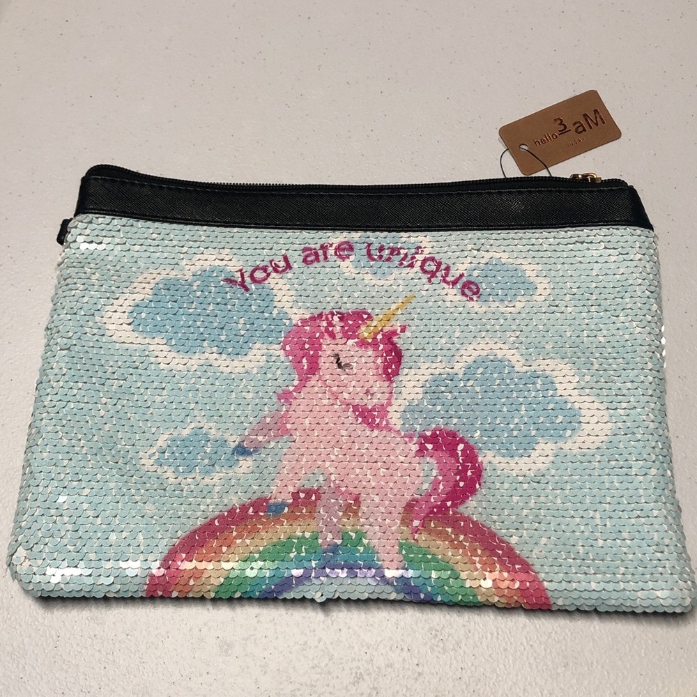 Unicorn With Rainbow Flip Sequin Pouch - Blue Clouds and Pink Unicorn NWT